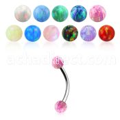 steel eyebrow banana 20g w two 3mm synthetic opal balls