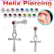 steel helix barbell w jewel ball dangling ankh cross 