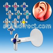 trgs3 bioflex tragus piercing w silver cross w center crystal