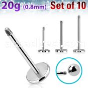 xlb20g set w 10 surgical steel labret posts w 0.8mm threading
