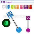 bbgldi 316l steel tongue barbell with acrylic luminous dice