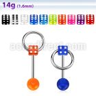 bbuvdisl 316l steel tongue barbell w uv dice top w slave ring