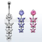 bnrz289 casted steel cz belly banana w chain of 3 cz butterflies