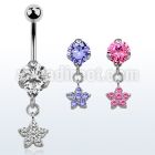 bnrz324 casted steel cz belly banana w dangling small cz flower