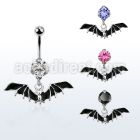 bnrz569 casted steel cz belly banana w dangling black bat