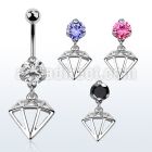 bnrz575 casted steel cz belly banana w dangling diamond shaped