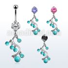 bnrz695 casted steel cz belly banana w vine faux turquoise balls