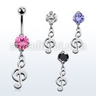 bnrz709 casted steel cz belly banana w dangling musical note