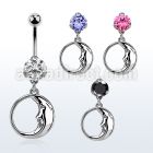 bnrz733 casted steel cz belly banana w dangling sleepy moon