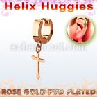 er268cr tiny rose gold steel helix huggie w cross dangling