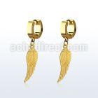 erg584 gold steel huggies earrings w dangling bird wing