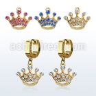 erg703 gold steel huggies earrings w dangling crystal crown