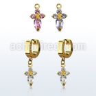ergz518 gold steel huggies earrings w dangling cross w 4 czs