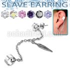 erzdld12 steel slave ear stud w prong cz w dangling feather