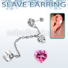 erzdld17 steel slave ear stud w prong cz w dangling heart cz