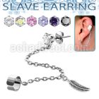 erzdld9 steel slave ear stud w prong cz w dangling feather