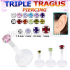 hexgz bioflex triple tragus piercing w prong set cz silver top