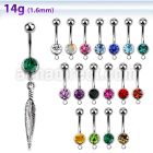 mcd583 316l steel belly banana w jewel ball dangling feather