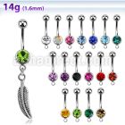 mcd638 316l steel belly banana w bezel ball dangling feather