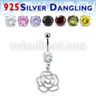 mcdvd10 steel cz belly banana w dangling silver rose
