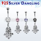 mcdvd14 316l steel cz belly banana w dangling silver hamsa