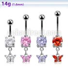 mcdz589 steel cz belly banana w dangling butterfly w cz