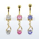 mdgz416 gold cz belly banana w dangling snap fit round cz 