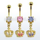mdgz590 gold steel belly banana w cz dangling crown w cz