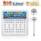 nb19cx box of silver nose bones w big 2 5mm clear crystal tops