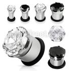 pgz 316l steel single flared plug with prong set black cz