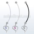 pndz12 pregnancy belly ring w dangling heart w a round cz 