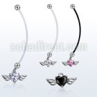 pndz586 pregnancy belly ring w dangling heart shaped cz w wings