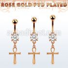 rose gold steel belly banana w cz & dangling ankh cross 