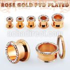 rose gold steel flesh tunnel w crystal studded rim