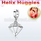 stainless steel huggie w a diamond shaped dangling 