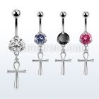 steel casting belly banana w cz & a dangling ankh cross 