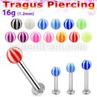tlbbeb3 316l steel tragus labret 16g w a 3mm uv beach ball 