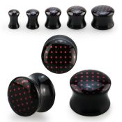 apgy dilatacion plug doble flare acrilico negro lunares rosas fondo negro joyeria 80's retro distribuidor mayorista