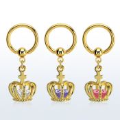 bcrtgz6 gold plated 316l steel bcr, 14g w dangling crown w cz