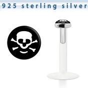 bilg55 labret bio flexible transparente plata esterlina presion 3mm logo bandera pirata calavera huesos cruzados fondo negro al por mayor