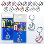 blcp723 fake belly clip w a dangling moon w the star w crystals 