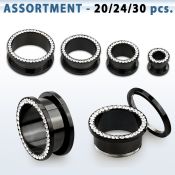 blk432 black acrylic screw fit flesh tunnel with clear crystal