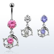 bnrz15 piercing ombligo acero quirurgico zirconia 8mm colgante pareja delfines nadando alrededor zirconia redonda 38 10mm distribuidor mayorista