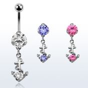 bnrz371 casted steel cz belly banana w anchor design w round cz