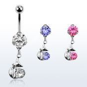 bnrz378 casted steel cz belly banana w lady cat design round cz