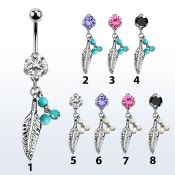 bnrz601b casted steel cz belly banana w feather faux turquoise