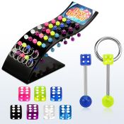brdi display 40 barbells lengua acero quirurgico variados dados acrilico uv 5mm dados acrilico uv 5mm conectado anillo 16mm venta