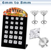 bresq display 12 pares piercings oreja acero inoxidable zirconia cuadradas claras 6mm 8mm mayorista