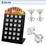 brezq6 stainless steel earring stud w prong square cz stone
