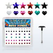 bxphs box of silver nose bone, w color plated heart star top